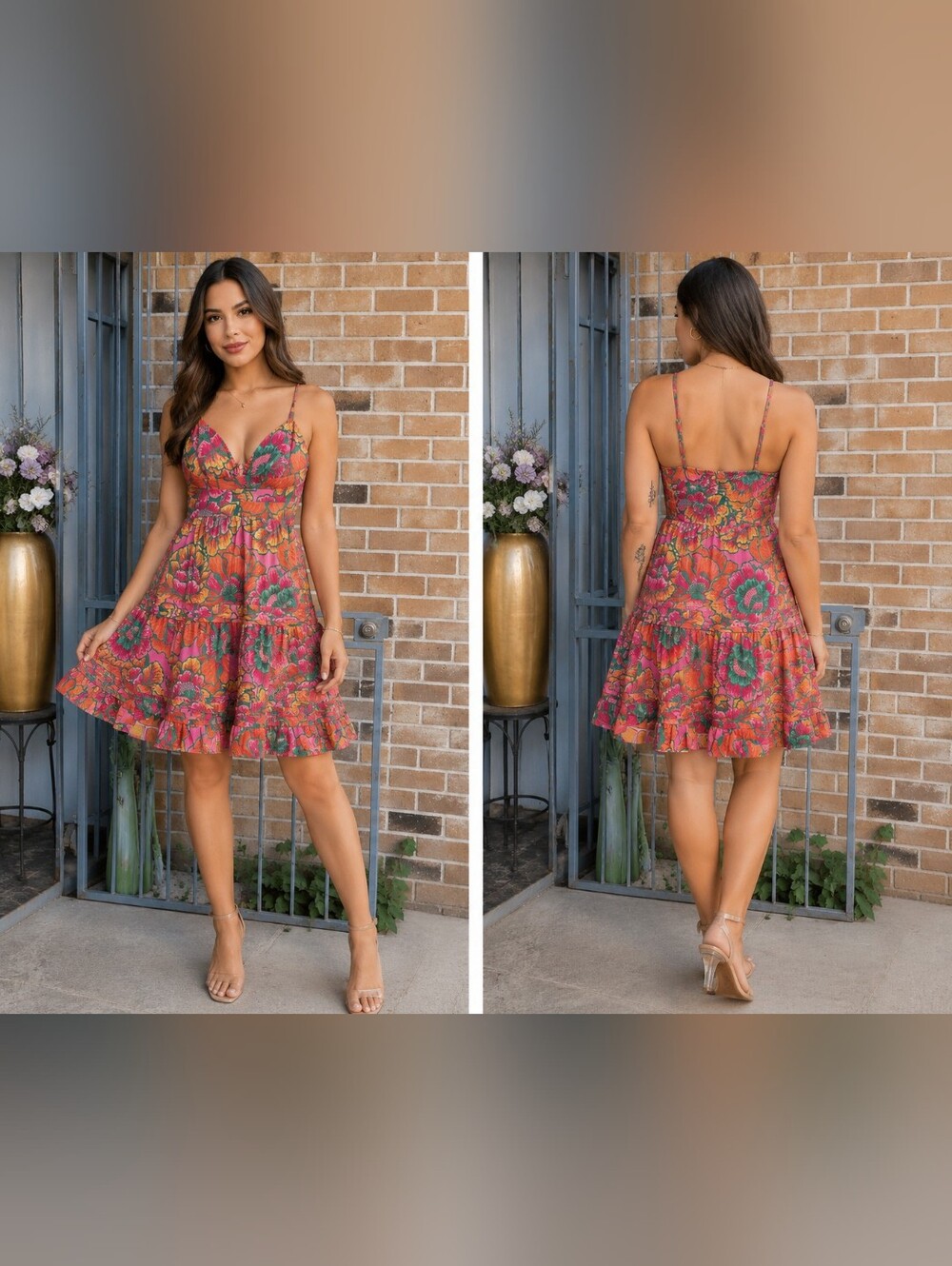 FARM Rio Pink, Orange & Green Floral Tiered Sundress(#A4)